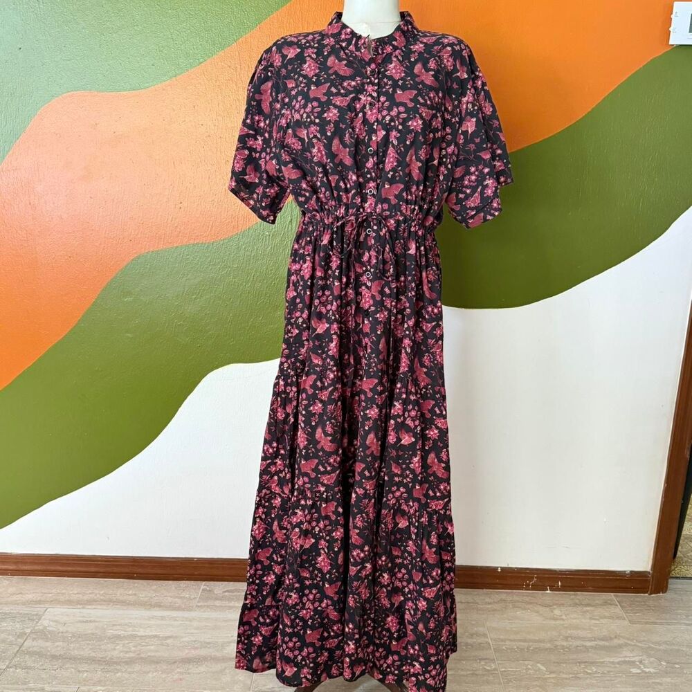 Victoria Dunn 2XL Maxi Dress Pink Black Floral Cotton Tiered Cottage Whimsygoth